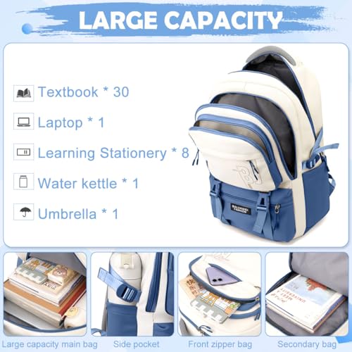 PALAY® Girls Backpack School with Small Zipper Pouch Fashion Blue Nylon Padded Shoulder Straps Handle Design Multi Compartment Large Camping Travel 2 PCS PALAY® Girls Backpack School with Small Zipper Pouch Fashion Blue Nylon Padded Shoulder Straps Handle Design Multi Compartment Large Camping Travel 2 PCS